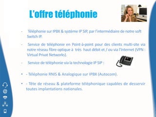 L’offre téléphonie
-   Téléphonie sur IPBX & système IP SIP, par l’intermédiaire de notre soft
    Switch IP.
-   Service de téléphonie en Point-à-point pour des clients multi-site via
    notre réseau fibre optique à très haut débit et / ou via l’Internet (VPN :
    Virtual Privat Networks).
-   Service de téléphonie via la technologie IP SIP :

• - Téléphonie RNIS & Analogique sur IPBX (Autocom).

• - Tête de réseau & plateforme téléphonique capables de desservir
  toutes implantations nationales.
 