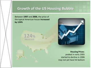 Growth of the US Housing Bubble
Between 1997 and 2006, the price of
the typical American house increased
by 124%




         124%
         INCREASE




                                                    Housing Prices:
                                              peaked in early 2005
                                         started to decline in 2006
                                       may not yet have hit bottom
 