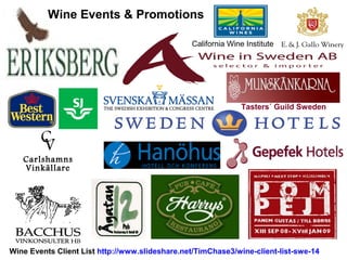 Wine Events Client List http://www.slideshare.net/TimChase3/wine-client-list-swe-14
Tasters´ Guild Sweden
Wine Events & Promotions
VC
Carlshamns
Vinkällare
California Wine Institute
 