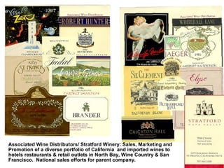 Associated Wine Distributors/ Stratford Winery: Sales, Marketing and
Promotion of a diverse portfolio of California and imported wines to
hotels restaurants & retail outlets in North Bay, Wine Country & San
Francisco. National sales efforts for parent company.
 