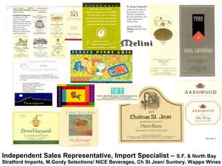 Independent Sales Representative, Import Specialist – S.F. & North Bay
Stratford Imports, M.Gordy Selections/ NICE Beverages, Ch St Jean/ Suntory, Wappo Wines
 