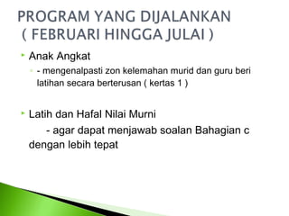    Anak Angkat
    ◦ - mengenalpasti zon kelemahan murid dan guru beri
      latihan secara berterusan ( kertas 1 )


   Latih dan Hafal Nilai Murni
        - agar dapat menjawab soalan Bahagian c
    dengan lebih tepat
 