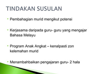    Pembahagian murid mengikut potensi

   Kerjasama daripada guru- guru yang mengajar
    Bahasa Melayu

   Program Anak Angkat – kenalpasti zon
    kelemahan murid

   Menambahbaikan pengajaran guru- 2 hala
 