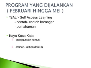    `SAL`- Self Access Learning
       - contoh- contoh karangan
       - pemahaman

   Kaya Kosa Kata
      - penggunaan kamus

      - latihan- latihan dari SK
 