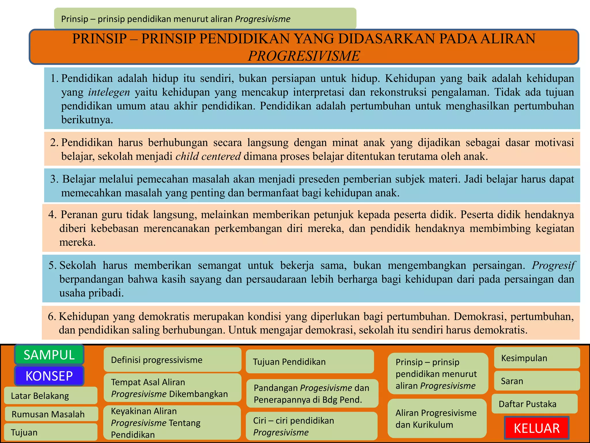 Prinsip – prinsip pendidikan menurut aliran Progresivisme 
PRINSIP – PRINSIP PENDIDIKAN YANG DIDASARKAN PADA ALIRAN 
1. Pendidikan adalah hidup itu sendiri, bukan persiapan untuk hidup. Kehidupan yang baik adalah kehidupan 
yang intelegen yaitu kehidupan yang mencakup interpretasi dan rekonstruksi pengalaman. Tidak ada tujuan 
pendidikan umum atau akhir pendidikan. Pendidikan adalah pertumbuhan untuk menghasilkan pertumbuhan 
berikutnya. 
Latar Belakang 
Rumusan Masalah 
Tujuan 
Definisi progressivisme 
Tempat Asal Aliran 
Progresivisme Dikembangkan 
Keyakinan Aliran 
Progresivisme Tentang 
Pendidikan 
Tujuan Pendidikan 
Pandangan Progesivisme dan 
Penerapannya di Bdg Pend. 
Ciri – ciri pendidikan 
Progresivisme 
Prinsip – prinsip 
pendidikan menurut 
aliran Progresivisme 
Aliran Progresivisme 
dan Kurikulum 
Kesimpulan 
Saran 
Daftar Pustaka 
KELUAR 
SAMPUL 
KONSEP 
PROGRESIVISME 
2. Pendidikan harus berhubungan secara langsung dengan minat anak yang dijadikan sebagai dasar motivasi 
belajar, sekolah menjadi child centered dimana proses belajar ditentukan terutama oleh anak. 
3. Belajar melalui pemecahan masalah akan menjadi preseden pemberian subjek materi. Jadi belajar harus dapat 
memecahkan masalah yang penting dan bermanfaat bagi kehidupan anak. 
4. Peranan guru tidak langsung, melainkan memberikan petunjuk kepada peserta didik. Peserta didik hendaknya 
diberi kebebasan merencanakan perkembangan diri mereka, dan pendidik hendaknya membimbing kegiatan 
mereka. 
5. Sekolah harus memberikan semangat untuk bekerja sama, bukan mengembangkan persaingan. Progresif 
berpandangan bahwa kasih sayang dan persaudaraan lebih berharga bagi kehidupan dari pada persaingan dan 
usaha pribadi. 
6. Kehidupan yang demokratis merupakan kondisi yang diperlukan bagi pertumbuhan. Demokrasi, pertumbuhan, 
dan pendidikan saling berhubungan. Untuk mengajar demokrasi, sekolah itu sendiri harus demokratis. 
 