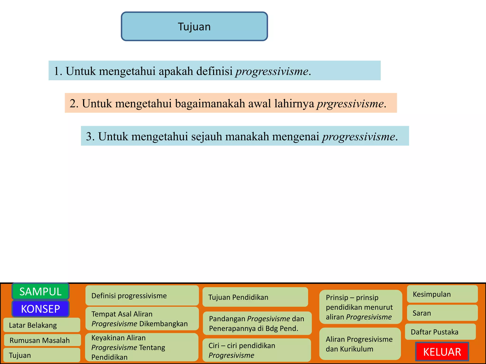 Latar Belakang 
Rumusan Masalah 
Tujuan 
Definisi progressivisme 
Tempat Asal Aliran 
Progresivisme Dikembangkan 
Keyakinan Aliran 
Progresivisme Tentang 
Pendidikan 
Tujuan Pendidikan 
Pandangan Progesivisme dan 
Penerapannya di Bdg Pend. 
Ciri – ciri pendidikan 
Progresivisme 
Prinsip – prinsip 
pendidikan menurut 
aliran Progresivisme 
Aliran Progresivisme 
dan Kurikulum 
Kesimpulan 
Saran 
Daftar Pustaka 
KELUAR 
SAMPUL 
KONSEP 
Tujuan 
1. Untuk mengetahui apakah definisi progressivisme. 
2. Untuk mengetahui bagaimanakah awal lahirnya prgressivisme. 
3. Untuk mengetahui sejauh manakah mengenai progressivisme. 
 