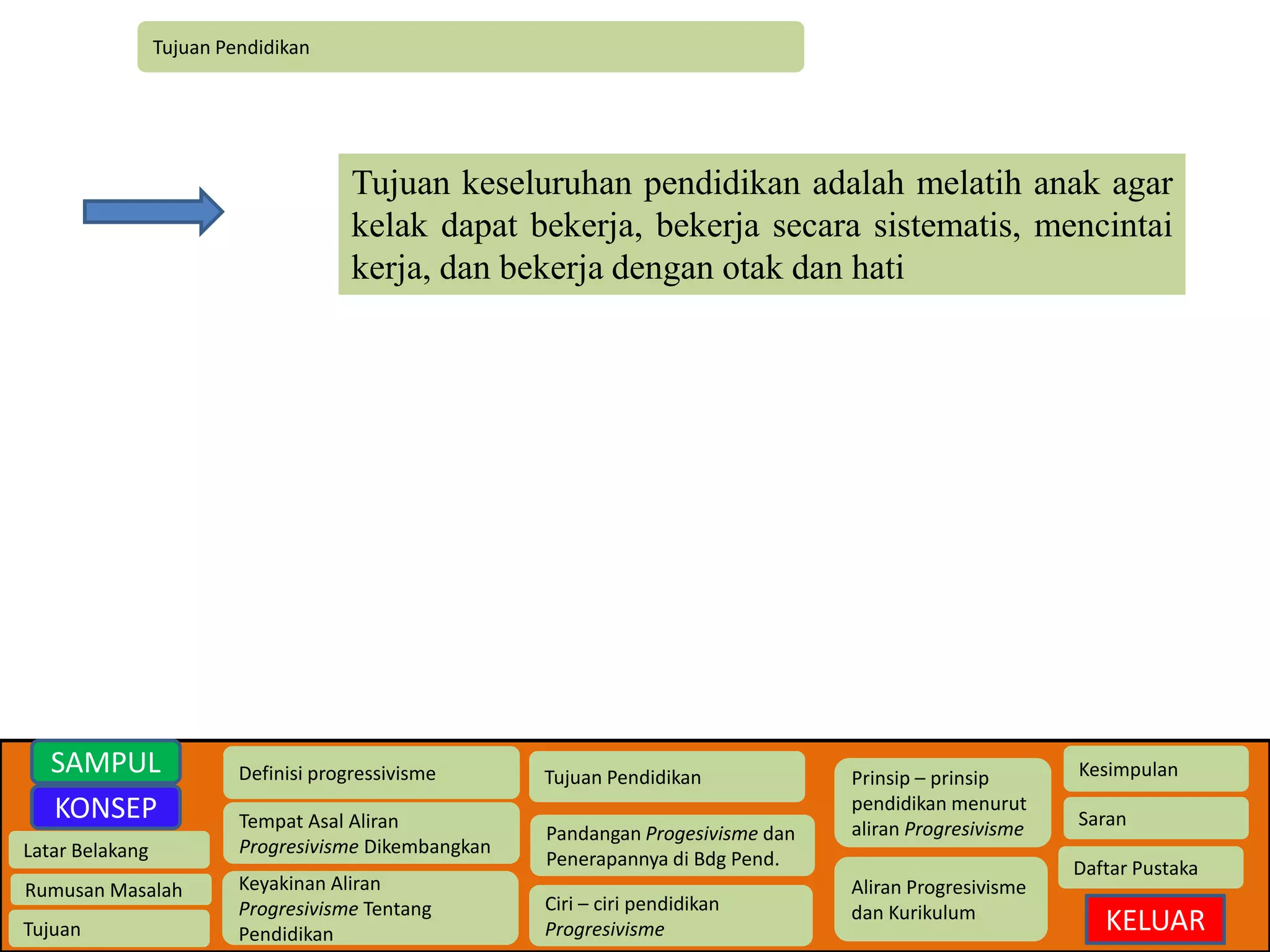 Tujuan Pendidikan 
Latar Belakang 
Rumusan Masalah 
Tujuan 
Definisi progressivisme 
Tempat Asal Aliran 
Progresivisme Dikembangkan 
Keyakinan Aliran 
Progresivisme Tentang 
Pendidikan 
Tujuan Pendidikan 
Pandangan Progesivisme dan 
Penerapannya di Bdg Pend. 
Ciri – ciri pendidikan 
Progresivisme 
Prinsip – prinsip 
pendidikan menurut 
aliran Progresivisme 
Aliran Progresivisme 
dan Kurikulum 
Kesimpulan 
Saran 
Daftar Pustaka 
KELUAR 
SAMPUL 
KONSEP 
Tujuan keseluruhan pendidikan adalah melatih anak agar 
kelak dapat bekerja, bekerja secara sistematis, mencintai 
kerja, dan bekerja dengan otak dan hati 
 