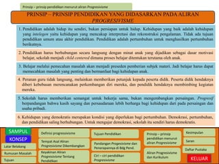 Prinsip – prinsip pendidikan menurut aliran Progresivisme 
PRINSIP – PRINSIP PENDIDIKAN YANG DIDASARKAN PADA ALIRAN 
1. Pendidikan adalah hidup itu sendiri, bukan persiapan untuk hidup. Kehidupan yang baik adalah kehidupan 
yang intelegen yaitu kehidupan yang mencakup interpretasi dan rekonstruksi pengalaman. Tidak ada tujuan 
pendidikan umum atau akhir pendidikan. Pendidikan adalah pertumbuhan untuk menghasilkan pertumbuhan 
berikutnya. 
Latar Belakang 
Rumusan Masalah 
Tujuan 
Definisi progressivisme 
Tempat Asal Aliran 
Progresivisme Dikembangkan 
Keyakinan Aliran 
Progresivisme Tentang 
Pendidikan 
Tujuan Pendidikan 
Pandangan Progesivisme dan 
Penerapannya di Bdg Pend. 
Ciri – ciri pendidikan 
Progresivisme 
Prinsip – prinsip 
pendidikan menurut 
aliran Progresivisme 
Aliran Progresivisme 
dan Kurikulum 
Kesimpulan 
Saran 
Daftar Pustaka 
KELUAR 
SAMPUL 
KONSEP 
PROGRESIVISME 
2. Pendidikan harus berhubungan secara langsung dengan minat anak yang dijadikan sebagai dasar motivasi 
belajar, sekolah menjadi child centered dimana proses belajar ditentukan terutama oleh anak. 
3. Belajar melalui pemecahan masalah akan menjadi preseden pemberian subjek materi. Jadi belajar harus dapat 
memecahkan masalah yang penting dan bermanfaat bagi kehidupan anak. 
4. Peranan guru tidak langsung, melainkan memberikan petunjuk kepada peserta didik. Peserta didik hendaknya 
diberi kebebasan merencanakan perkembangan diri mereka, dan pendidik hendaknya membimbing kegiatan 
mereka. 
5. Sekolah harus memberikan semangat untuk bekerja sama, bukan mengembangkan persaingan. Progresif 
berpandangan bahwa kasih sayang dan persaudaraan lebih berharga bagi kehidupan dari pada persaingan dan 
usaha pribadi. 
6. Kehidupan yang demokratis merupakan kondisi yang diperlukan bagi pertumbuhan. Demokrasi, pertumbuhan, 
dan pendidikan saling berhubungan. Untuk mengajar demokrasi, sekolah itu sendiri harus demokratis. 
 