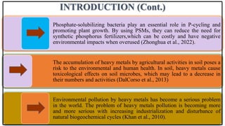 INTRODUCTION (Cont.)
Phosphate-solubilizing bacteria play an essential role in P-cycling and
promoting plant growth. By using PSMs, they can reduce the need for
synthetic phosphorus fertilizers,which can be costly and have negative
environmental impacts when overused (Zhonghua et al., 2022).
The accumulation of heavy metals by agricultural activities in soil poses a
risk to the environmental and human health. In soil, heavy metals cause
toxicological effects on soil microbes, which may lead to a decrease in
their numbers and activities (DalCorso et al., 2013)
Environmental pollution by heavy metals has become a serious problem
in the world. The problem of heavy metals pollution is becoming more
and more serious with increasing industrialization and disturbance of
natural biogeochemical cycles (Khan et al., 2010).
 