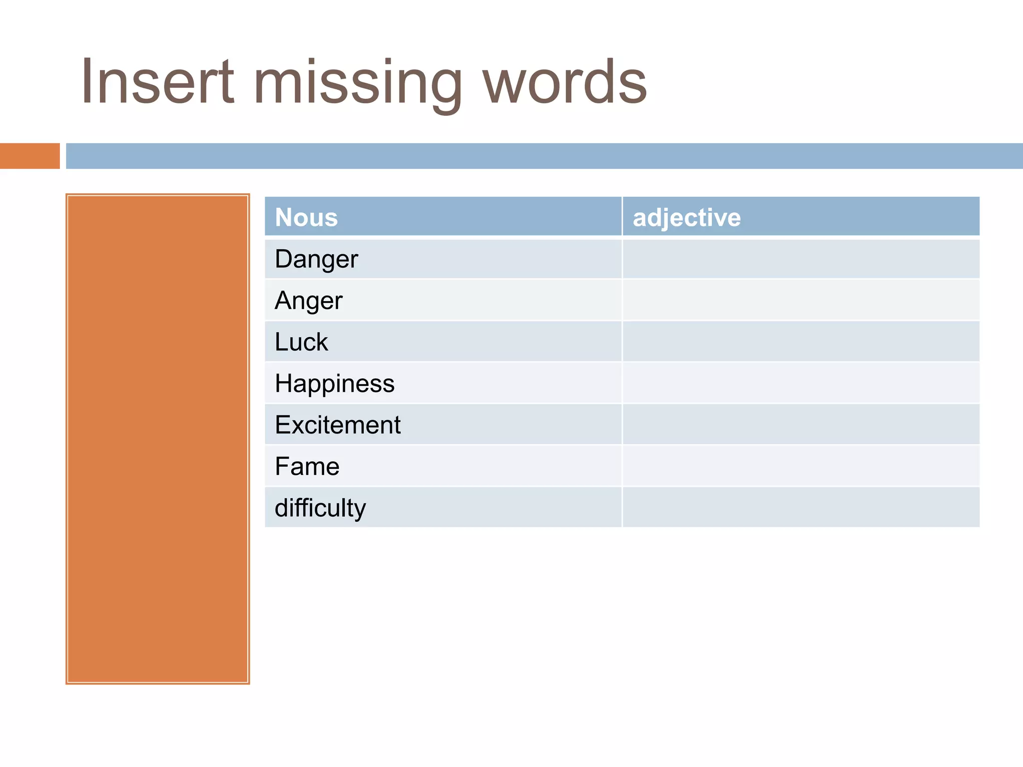 Insert missing words
Nous adjective
Danger
Anger
Luck
Happiness
Excitement
Fame
difficulty
 