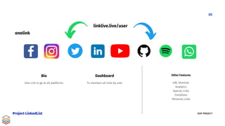 Bio
One Link to go to all platforms.
Other Features
URL Shortner
Analytics
Special Links
Portofolio
Personal Links


Dashboard
To maintain all links by user
linklive.live/user
05
onelink
OOP PROJECT
Project LinkedList
 