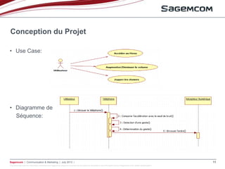 This document and the information contained are Sagemcom property and shall not be copied or disclosed to any third party without Sagemcom prior written authorization
Sagemcom | Communication & Marketing | July 2013 | 11
• Use Case:
• Diagramme de
Séquence:
Conception du Projet
 