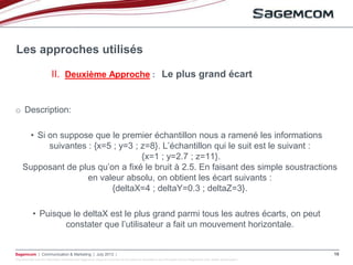 This document and the information contained are Sagemcom property and shall not be copied or disclosed to any third party without Sagemcom prior written authorization
Sagemcom | Communication & Marketing | July 2013 | 16
o Description:
• Si on suppose que le premier échantillon nous a ramené les informations
suivantes : {x=5 ; y=3 ; z=8}. L’échantillon qui le suit est le suivant :
{x=1 ; y=2.7 ; z=11}.
Supposant de plus qu’on a fixé le bruit à 2.5. En faisant des simple soustractions
en valeur absolu, on obtient les écart suivants :
{deltaX=4 ; deltaY=0.3 ; deltaZ=3}.
• Puisque le deltaX est le plus grand parmi tous les autres écarts, on peut
constater que l’utilisateur a fait un mouvement horizontale.
Les approches utilisés
II. Deuxième Approche : Le plus grand écart
 