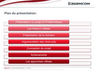 This document and the information contained are Sagemcom property and shall not be copied or disclosed to any third party without Sagemcom prior written authorization
Sagemcom | Communication & Marketing | July 2013 | 3
Présentation du projet et Problématique
Les Notions Utilisés
Présentation de la Solution
Argumentation des choix pris
Conception du projet
Achèvements
Les approches utilisés
Plan du présentation:
 