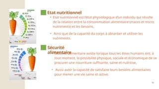 12
• Etat nutritionnel est l’état physiologique d’un individu qui résulte
de la relation entre la consommation alimentaire (macro et micro
nutriments) et les besoins,
• Ainsi que de la capacité du corps à absorber et utiliser les
nutriments.
Etat nutritionnel
• Sécurité alimentaire existe lorsque tous les êtres humains ont, à
tout moment, la possibilité physique, sociale et économique de se
procurer une nourriture suffisante, saine et nutritive,
• Aussi avoir la capacité de satisfaire leurs besoins alimentaires
pour mener une vie saine et active.
Sécurité
alimentaire
 
