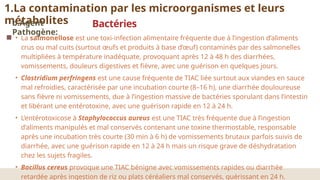 • La salmonellose est une toxi-infection alimentaire fréquente due à l’ingestion d’aliments
crus ou mal cuits (surtout œufs et produits à base d’œuf) contaminés par des salmonelles
multipliées à température inadéquate, provoquant après 12 à 48 h des diarrhées,
vomissements, douleurs digestives et fièvre, avec une guérison en quelques jours.
• Clostridium perfringens est une cause fréquente de TIAC liée surtout aux viandes en sauce
mal refroidies, caractérisée par une incubation courte (8–16 h), une diarrhée douloureuse
sans fièvre ni vomissements, due à l’ingestion massive de bactéries sporulant dans l’intestin
et libérant une entérotoxine, avec une guérison rapide en 12 à 24 h.
• L’entérotoxicose à Staphylococcus aureus est une TIAC très fréquente due à l’ingestion
d’aliments manipulés et mal conservés contenant une toxine thermostable, responsable
après une incubation très courte (30 min à 6 h) de vomissements brutaux parfois suivis de
diarrhée, avec une guérison rapide en 12 à 24 h mais un risque grave de déshydratation
chez les sujets fragiles.
• Bacillus cereus provoque une TIAC bénigne avec vomissements rapides ou diarrhée
retardée après ingestion de riz ou plats céréaliers mal conservés, guérissant en 24 h.
Bactéries
1.La contamination par les microorganismes et leurs
métabolites
b.Agent
Pathogène:
 