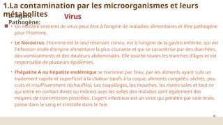 18
• Un nombre restreint de virus peut être à l'origine de maladies alimentaires et être pathogène
pour l'Homme.
• Le Norovirus: l'homme est le seul réservoir connu, est à l'origine de la gastro entérite, qui est
l’infection virale d’origine alimentaire la plus courante et qui se caractérise par des diarrhées,
des vomissements et des douleurs abdominales. Elle touche toutes les tranches d'âges et est
responsable de plusieurs épidémies.
• l’hépatite A ou hépatite endémique se transmet par l’eau, par les aliments ayant subi un
traitement rapide et superficiel à la chaleur (œufs à la coque, aliments congelés, séchés, peu
cuits et insuffisamment réchauffés). Les coquillages, les mouches, les mains sales et tout ce
qui entre en contact direct ou indirect avec les selles des malades sont également des
moyens de transmission possibles. L’agent infectieux est un virus qui pénètre par voie orale,
passe dans le sang et s’installe dans le foie.
Virus
1.La contamination par les microorganismes et leurs
métabolites
b. Agent
Pathogène:
 
