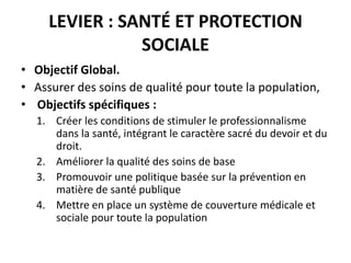 LEVIER : SANTÉ ET PROTECTION
SOCIALE
• Objectif Global.
• Assurer des soins de qualité pour toute la population,
• Objectifs spécifiques :
1. Créer les conditions de stimuler le professionnalisme
dans la santé, intégrant le caractère sacré du devoir et du
droit.
2. Améliorer la qualité des soins de base
3. Promouvoir une politique basée sur la prévention en
matière de santé publique
4. Mettre en place un système de couverture médicale et
sociale pour toute la population
 