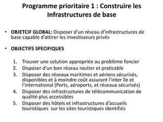 Programme prioritaire 1 : Construire les
Infrastructures de base
• OBJETCIF GLOBAL: Disposer d’un réseau d’infrastructures de
base capable d’attirer les investisseurs privés
• OBJECTIFS SPECIFIQUES
1. Trouver une solution appropriée au problème foncier
2. Disposer d’un bon réseau routier et praticable
3. Disposer des réseaux maritimes et aériens sécurisés,
disponibles et à moindre coût assurant l’inter île et
l’international (Ports, aéroports, et réseaux sécurisés)
4. Disposer des infrastructures de télécommunication de
qualité plus accessibles
5. Disposer des hôtels et infrastructures d’accueils
touristiques sur les sites touristiques identifiés
 