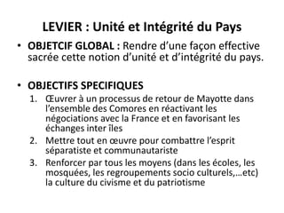 LEVIER : Unité et Intégrité du Pays
• OBJETCIF GLOBAL : Rendre d’une façon effective
sacrée cette notion d’unité et d’intégrité du pays.
• OBJECTIFS SPECIFIQUES
1. Œuvrer à un processus de retour de Mayotte dans
l’ensemble des Comores en réactivant les
négociations avec la France et en favorisant les
échanges inter îles
2. Mettre tout en œuvre pour combattre l’esprit
séparatiste et communautariste
3. Renforcer par tous les moyens (dans les écoles, les
mosquées, les regroupements socio culturels,…etc)
la culture du civisme et du patriotisme
 