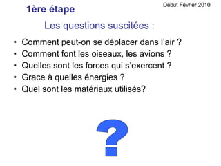 Les questions suscitées : Comment peut-on se déplacer dans l’air ? Comment font les oiseaux, les avions ?  Quelles sont les forces qui s’exercent ? Grace à quelles énergies ? Quel sont les matériaux utilisés? ? 1ère étape Début Février 2010 