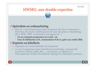 HWMG
            HWMG: une double expertise



✓ Spécialiste en webmarketing
 ‣ Plus de 7 ans d’expérience dans la gestion de sites e-commerce.
   Direction de projet, établissement et suivi des plans e-Marketing
   (Seo, SEM, CRM, community management…)
    • CA en constante progression 20 à 25% / an
    • Taux de fidélisation 21%, commentaires 8.8/10, grâce aux outils CRM,

✓ Expterte en hôtellerie
 ‣ Diplomée de l’école hôtelière de Lausanne
 ‣ 10 ans d’expérience dans l’hôtellerie (marketing, commercial,
   ouverture d’hôtel, F&B, HK,….) en France, en Suisse et à
   l’international. Sofitel, Swisshotel, Shangri-la, Mandarin oriental,...
 