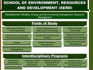 SCHOOL OF ENVIRONMENT, RESOURCES AND DEVELOPMENT (SERD) Interdisciplinary Programs Agricultural Systems  and Engineering Environmental Engineering and Management Aquaculture and Aquatic Resources Management Food Engineering and Bioprocess Technology Energy Agribusiness Management Cleaner Production Modeling Tools in Environmental Resources and Management  Integrated Tropical Coastal Zone Management Integrated Watershed Development and Management  Gender and Development Studies Urban Environmental Management Natural Resources  Management Regional and Rural Development Planning Pulp and Paper  Technology Development Studies,  Energy and Environmental Management, Resource Management Fields of Study 