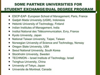 SOME PARTNER UNIVERSITIES FOR  STUDENT EXCHANGE/DUAL DEGREE PROGRAM ESCP-EAP- European School of Management, Paris, France Gadjah Mada University (UGM), Indonesia  Helsinki University of Technology, Finland Indian Institutes of Management, India Institut National des T ė l ė communication, Evry, France  Kyoto University, Japan National Taiwan University, Taipei, Taiwan  Norwegian University of Science and Technology, Norway Oregon State University, USA Seoul National University, South Korea Stockholm University, Sweden TECHNION – Israel Institute of Technology, Israel Tsinghua University, China University of Tokyo, Japan Universite de Montreal, Canada 
