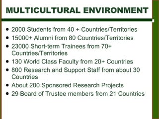 2000 Students from 40 + Countries/Territories  15000+ Alumni from 80 Countries/Territories 23000 Short-term Trainees from 70+ Countries/Territories 130 World Class Faculty from 20+ Countries 800 Research and Support Staff from about 30 Countries About 200 Sponsored Research Projects  29 Board of Trustee members from 21 Countries MULTICULTURAL ENVIRONMENT 