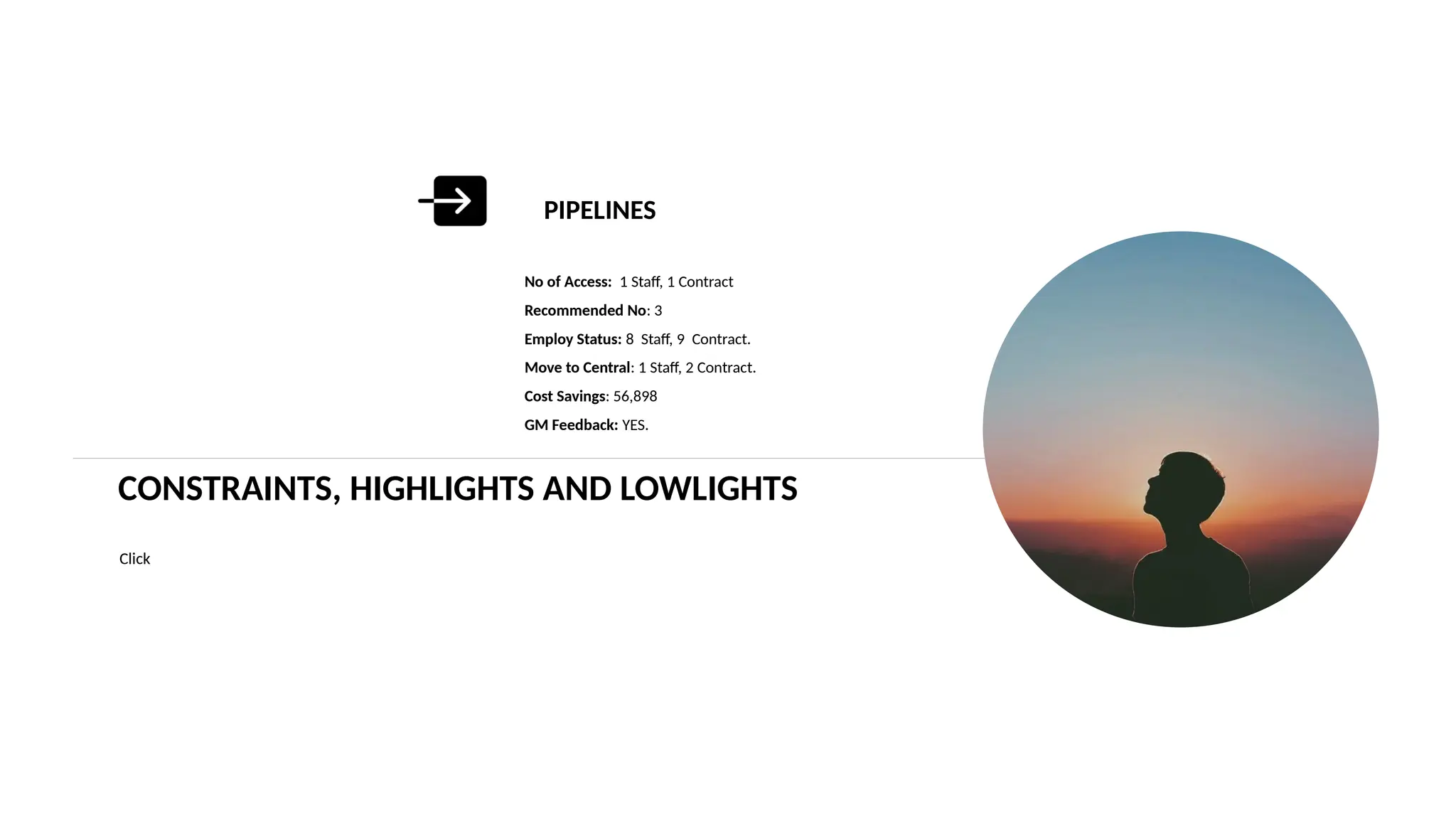No of Access: 1 Staff, 1 Contract
Recommended No: 3
Employ Status: 8 Staff, 9 Contract.
Move to Central: 1 Staff, 2 Contract.
Cost Savings: 56,898
GM Feedback: YES.
PIPELINES
CONSTRAINTS, HIGHLIGHTS AND LOWLIGHTS
Click
 