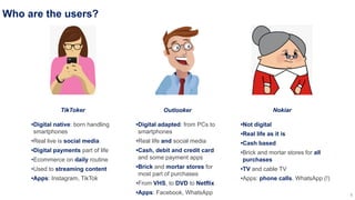 Who are the users?
8
•Digital native: born handling
smartphones
•Real live is social media
•Digital payments part of life
...