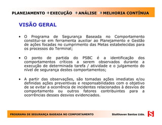 PLANEJAMENTO         EXECUÇÃO        ANÁLISE     MELHORIA CONTÍNUA


    VISÃO GERAL

    • O Programa de Segurança Baseada no Comportamento
      constitui-se em ferramenta auxiliar ao Planejamento e Gestão
      de ações focadas no cumprimento das Metas estabelecidas para
      os processos do Terminal;

    • O ponto de partida do PSBC é a identificação dos
      comportamentos críticos a serem observados durante a
      execução de determinada tarefa / atividade e o julgamento do
      nível de segurança destes comportamentos;

    • A partir das observações, são tomadas ações imediatas e/ou
      definidas ações preventivas e responsabilidades com o objetivo
      de se evitar a ocorrência de incidentes relacionados à desvios de
      comportamento ou outros fatores contribuintes para a
      ocorrências desses desvios evidenciados.




PROGRAMA DE SEGURANÇA BASEADA NO COMPORTAMENTO
            SEGURANÇ                                 Stolthaven Santos Ltda.
 