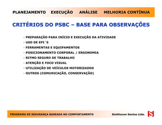 PLANEJAMENTO           EXECUÇÃO      ANÁLISE    MELHORIA CONTÍNUA


 CRITÉRIOS DO PSBC – BASE PARA OBSERVAÇÕES

       - PREPARAÇÃO PARA INÍCIO E EXECUÇÃO DA ATIVIDADE
       - USO DE EPI´S
       - FERRAMENTAS E EQUIPAMENTOS
       - POSICIONAMENTO CORPORAL / ERGONOMIA
       - RITMO SEGURO DE TRABALHO
       - ATENÇÃO E FOCO VISUAL
       - UTILIZAÇÃO DE VEÍCULOS MOTORIZADOS
       - OUTROS (COMUNICAÇÃO, CONSERVAÇÃO)




PROGRAMA DE SEGURANÇA BASEADA NO COMPORTAMENTO
            SEGURANÇ                                Stolthaven Santos Ltda.
 