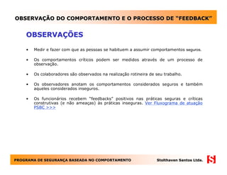 OBSERVAÇÃO DO COMPORTAMENTO E O PROCESSO DE “FEEDBACK”


    OBSERVAÇÕES

    •   Medir e fazer com que as pessoas se habituem a assumir comportamentos seguros.

    •   Os comportamentos críticos podem ser medidos através de um processo de
        observação.

    •   Os colaboradores são observados na realização rotineira de seu trabalho.

    •   Os observadores anotam os comportamentos considerados seguros e também
        aqueles considerados inseguros.

    •   Os funcionários recebem “feedbacks” positivos nas práticas seguras e críticas
        construtivas (e não ameaças) às práticas inseguras. Ver Fluxograma de atuação
        PSBC >>>




PROGRAMA DE SEGURANÇA BASEADA NO COMPORTAMENTO
            SEGURANÇ                                               Stolthaven Santos Ltda.
 