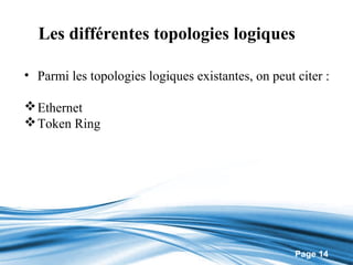 Les différentes topologies logiques

• Parmi les topologies logiques existantes, on peut citer :

 Ethernet
 Token Ring




                                                    Page 14
 