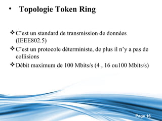 • Topologie Token Ring

 C’est un standard de transmission de données
  (IEEE802.5)
 C’est un protocole déterministe, de plus il n’y a pas de
  collisions
 Débit maximum de 100 Mbits/s (4 , 16 ou100 Mbits/s)




                                                    Page 16
 
