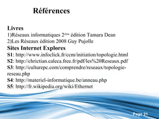 Références

Livres
1)Réseaux informatiques 2ème édition Tamara Dean
2)Les Réseaux édition 2008 Guy Pujolle
Sites Internet Explores
S1: http://www.infoclick.fr/ccm/initiation/topologie.html
S2: http://chrictian.caleca.free.fr/pdf/les%20Reseaux.pdf
S3: http://culturepc.com/comprendre/reseaux/topologie-
reseau.php
S4: http://materiel-informatique.be/anneau.php
S5: http://fr.wikipedia.org/wiki/Ethernet




                                                            Page 21
 