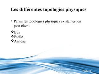 Les différentes topologies physiques

• Parmi les topologies physiques existantes, on
  peut citer :
Bus
Etoile
Anneau




                                                  Page 4
 