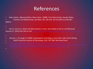 ReferencesGale, Elaine., & SerewiczMorr Mary Claire. (2008). First-Date Scripts: Gender Roles,          Context, and Relationship. Sex Roles, 58, 149-164. doi:10.1007/s11199-007-9283-4 Hot or not (n.d.). Meet and date women or men, rate sindles at hot or not Retrieved January 27, 2010 from Hot or not: http://video.about.com/dating/Create-a-Dating-Profile.htm  Houran, J., & Lange, R. (2004). Expectations of finding a 'soul mate' with online dating.           North American Journal of Psychology, 6(2), 297-308. Retrieved from:           http://0web.ebscohost.com.library.capilanou.ca:80/ehost/detail?     vid=1&hid=7&sid=9cb0991037db4378a9e574782e30f624%40sessionmgr10&bdata=JmxvZ2lucGFnZT1Mb2dpbi5hc3Amc2l0ZT1laG9zdC1saXZl#db=psyh&AN=2004-16784-011.  