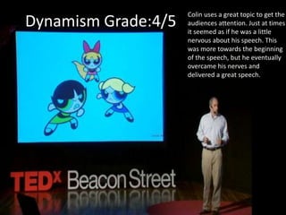 Colin uses a great topic to get the
Dynamism Grade:4/5   audiences attention. Just at times
                     it seemed as if he was a little
                     nervous about his speech. This
                     was more towards the beginning
                     of the speech, but he eventually
                     overcame his nerves and
                     delivered a great speech.
 