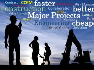 Risk Manage
faster
construction Collaboration better
BIM
Lean
Major Projects Partn
Alliance
Engineering cheape
Critical Chain Selection

CCPM
contracting

Contract

Earned Value

Value Analysis
forecast

planning

estimate

 