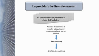 La procédure du dimensionnement
La compatibilité en puissance et
choix de l’onduleur
Nombre de panneaux à
installer x La puissance
maximale délivrée par un
module
Benchmarking
Le choix des onduleurs
 