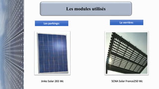 Les modules utilisés
Les parkings:
Jinko Solar 265 Wc
La verrière:
SCNA Solar France250 Wc
 