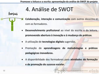 Promover a leitura e a escrita: apresentação da análise de SWOT do projeto
4. Análise de SWOT
• Colaboração, interação e comunicação com outros docentes e
com os formadores.
• Desenvolvimento profissional ao nível da escrita e da leitura,
promovendo abertura à inovação e à mudança de práticas.
• A utilização de tecnologias digitais sugeridas.
• Promoção de aprendizagens de metodologias e práticas
pedagógicas inovadoras.
• A disponibilidade dos formadores para atividades de formação
e de promoção do sucesso escolar.
12
 