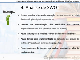 Promover a leitura e a escrita: apresentação da análise de SWOT do projeto
4. Análise de SWOT
• Poucas sessões e horas de formação, nomeadamente ao nível
das tecnologias digitais apresentadas.
• Demora na comunicação dos resultados das provas
(especialmente nos dois primeiros anos do projeto).
• Pouco tempo para a reflexão sobre o trabalho desenvolvido.
• Pouco tempo para implementação da aplicação das provas de
rastreio (Provas CAM) e atividades propostas.
• Fraca cobertura de internet ou quebras pontuais e falta de
equipamentos.
13
 