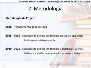 Promover a leitura e a escrita: apresentação da análise de SWOT do projeto
2. Metodologia
Metodologia de Projeto:
2018 – Planeamento de 8 sessões
2018 - 2019 - Execução do projeto em formato presencial (1,5 anos)
Sessões presenciais por escola
2020 - 2021 - Execução do projeto em formato a distância (1,5 anos)
Webinar e a sessões de capacitação por videoconferência
5
 