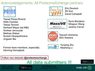 Juan A. Vizcaíno
juan@ebi.ac.uk
PSI Meeting 2018
Heidelberg, 18 April 2018
Aknowledgements: People
Yasset Perez-Riverol
Attila Csordas
Tobias Ternent
Gerhard Mayer (de.NBI)
Andrew Jarnuczak
Mathias Walzer
Suresh Hewapathirana
Jingwen Bai
Former team members, especially:
Henning Hermjakob
Acknowledgements: All ProteomeXchange partners
All data submitters !!!
Eric Deutsch
Zhi Sun
David Campbell
Nuno Bandeira
Mingxun Wang
Jeremy Carver
Yasushi Ishihama
Shin Kawano
Follow new datasets @proteomexchange
Yunping Zhu
Masheng Li
 