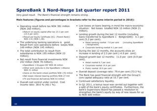 SpareBank 1 Nord-Norge 1st quarter report 2011
 Very good result. The Bank’s financial strength remains strong .

 Main features (figures and percentages in brackets refer to the same interim period in 2010):

     • Operating result before tax NOK 381 million               • Low losses on loans bearing in mind the macro-economic
       (NOK 260 million).                                          situation: Net losses totalled NOK 10 million (NOK 21
         • Return on equity capital after tax 23.3 per cent        million).
           (15.9 per cent).                                      • Lending growth during the last 12 months (including
         • Result per Equity Certificate (EC) (Parent Bank):       loans transferred to SpareBank 1 Boligkreditt): 6.1 per
           NOK 2.41 (NOK 1.48).                                    cent (5.2 per cent).
     • The underlying banking operations is good.                      • Retail banking market 7.0 per cent      (including SpareBank
       Result from core operations before losses NOK                     1 Boligkreditt)
       149 million (NOK 145 million).                                  • Corporate banking market 4.1 per cent
     • The total contribution to result from                     • During the last 12 months, the accounts show an
       subsidiaries is NOK 195 million (NOK 23                     increase in lending of 2.5 per cent (-4.9 per cent).
       million).                                                 • Deposit growth last 12 months: 11.0 per cent (0.9 per
     • Net result from financial investments NOK                   cent).
       242 million (NOK 76 million);                                   • Retail market 6.7 per cent
         • SpareBank 1 Gruppen AS' NOK 28 million                      • Corporate market 14.6 per cent
         • Other joint ventures in the SpareBank 1 Alliance            • Public market 18.0 per cent
           NOK 21 million
                                                                 • Overall deposit coverage ratio: 79.4 per cent (73.3 %).
         • Gains on the bank's share portfolio NOK 176 million
         • Net losses interest-bearing portfolio NOK 27 mill     • The Bank has good financial strength with the Group’s
                                                                   core capital adequacy ratio at 10.7 per cent.
         • FX and financial derivatives NOK 43 million
     • Overall cost control under control. Cost                  • Continued satisfactory liquidity.
       income ratio: 38.6 % (40.1 %).                            • In Q1 2011, a bonus issue was carried out together with
                                                                   a split of the bank's equity certificates. Furthermore, the
                                                                   bank's Supervisory Board has passed a resolution to
                                                                   strengthen the bank's equity by way of new issues for up
                                                                   to NOK 600 million



69
 