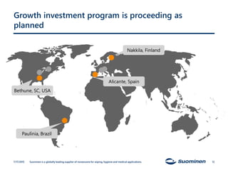 Growth investment program is proceeding as
planned
Paulínia, Brazil
Bethune, SC, USA
Nakkila, Finland
Alicante, Spain
12Suominen is a globally leading supplier of nonwovens for wiping, hygiene and medical applications.7/17/2015
 