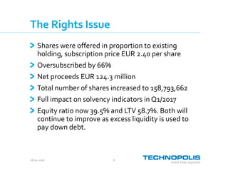 28.10.2016 6
The Rights Issue
Shares were offered in proportion to existing
holding, subscription price EUR 2.40 per share
Oversubscribed by 66%
Net proceeds EUR 124.3 million
Total number of shares increased to 158,793,662
Full impact on solvency indicators in Q1/2017
Equity ratio now 39.5% and LTV 58.7%. Both will
continue to improve as excess liquidity is used to
pay down debt.
 